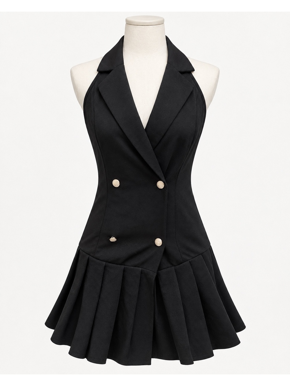 SHEIN Black Sleeveless Blazer Mini Dress Size S Gold Buttons Pleated Hem